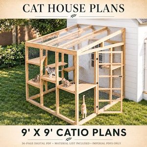 Planta de casinha para gatos 9x9, projeto de gatil, abrigo para animais de estimação faça você mesmo, condomínio externo para gatos, playground para animais