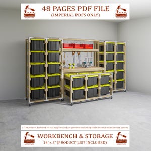 Könnte beinhalten: Eine Werkbank und eine Lagereinheit aus Holz mit schwarzen und gelben Behältern. Die Einheit umfasst eine Werkbank, eine Lochwand und Regale. Der Text auf dem Bild lautet "48 PAGES PDF FILE (IMPERIAL PDFS ONLY)" und "WORKBENCH & STORAGE 4.3m x 0.9m (PRODUCT LIST INCLUDED)".