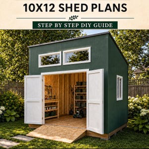 Può includere: Un capanno 10x12 con pareti esterne verde scuro, finiture bianche e doppie porte. L'interno presenta pareti in legno, un banco da lavoro con attrezzi e scaffalature. Una rampa in legno conduce all'ingresso e due finestre rettangolari sono posizionate sopra le porte.
