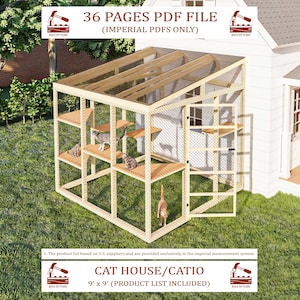 Könnte beinhalten: Ein Katzenhaus/Catio aus Holz, ca. 274 cm x 274 cm, mit mehreren Ebenen und einem Maschengehege. Die Struktur hat ein transparentes Dach und beinhaltet eine Tür. Der Text "36 PAGES PDF FILE (IMPERIAL PDFS ONLY)" und "CAT HOUSE/CATIO" ist enthalten.