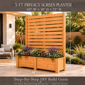 May include: A wooden privacy screen planter with horizontal slats, measuring 60 inches wide, 18 inches deep, and 72 inches high. The planter box is filled with purple and white flowers. Text reads: 5 FT PRIVACY SCREEN PLANTER, 60 W x 18 D x 72 H.