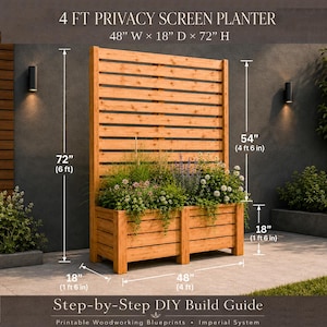 May include: A wooden privacy screen planter with horizontal slats, measuring 122 cm wide, 46 cm deep, and 183 cm high. The structure includes a tall back panel and a rectangular base filled with green plants. Text reads 4 FT PRIVACY SCREEN PLANTER.