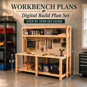 May include: A wooden workbench with a pegboard back, shelves, and various tools. Text reads: WORKBENCH PLANS, Digital Build Plan Set, STEP BY STEP DIY GUIDE. Dimensions shown: 8'-3" wide, 3'-0" deep, 7'-0" high, and 2'-8" counter height.