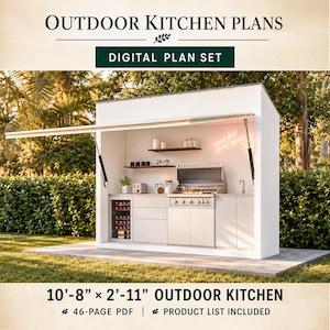Outdoor Kitchen, Garden Kitchen DIY Plans, BBQ Shelter, Grill Station, Shed Plan, Patio Bar