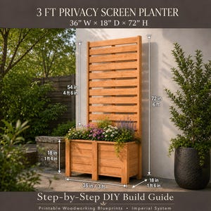 May include: A wooden privacy screen planter with a rectangular base and a tall slatted back panel. Text reads 3 FT PRIVACY SCREEN PLANTER, 36 in W x 18 in D x 72 in H, and Step-by-Step DIY Build Guide. Dimensions are marked with arrows.