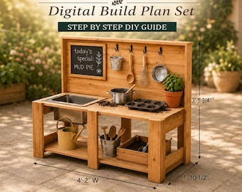 Könnte beinhalten: Eine hölzerne Matschküche mit Spüle, Tafel und Regalen. Text: MUD KITCHEN PLANS, Digital Build Plan Set, STEP BY STEP DIY GUIDE. Maße: 127 cm B, 106 cm H, 57 cm T. Enthält Küchenutensilien und eine Topfpflanze.