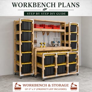 Workbench Plans, DIY Garage Table Plans, Wooden Storage Plan, 27 Gallon Tote Rack
