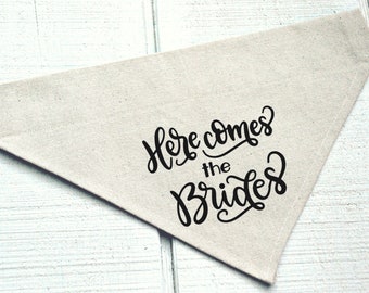 Here Comes the Brides Dog Wedding Bandana Beige Canvas with Black Text