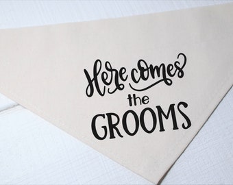 Here Comes the Grooms Dog Wedding Bandana Beige Canvas with Black Text