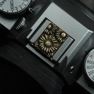 May include: Close-up of a gray camera with a decorative brass plate featuring three stylized flowers. The camera's dials and controls are visible, with a focus on the intricate floral design. The camera is a dark gray color.