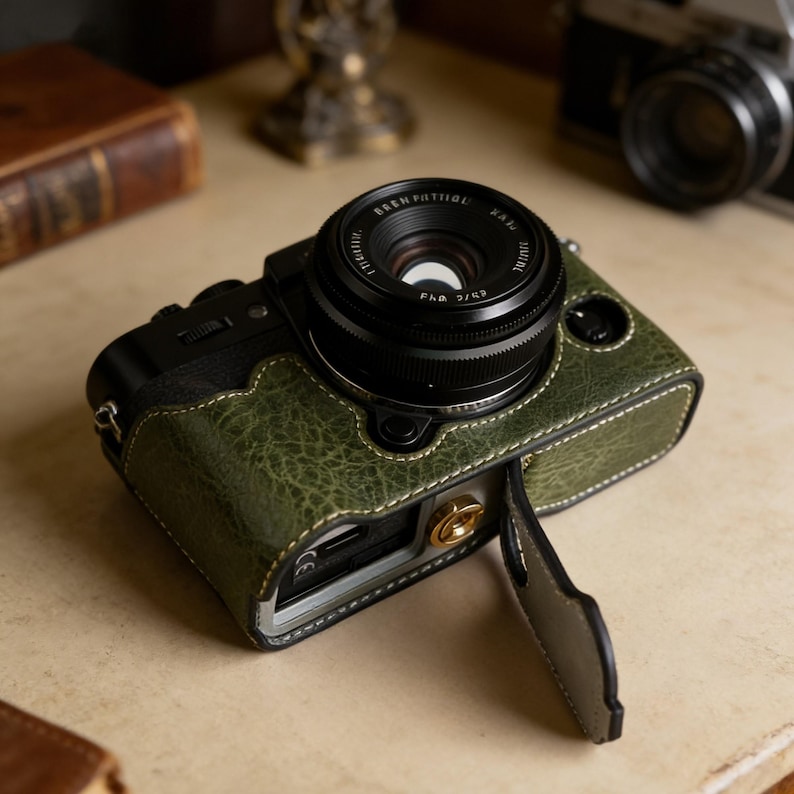 Puede incluir: Una c&aacute;mara negra con una lente, dentro de una funda de cuero verde con costuras blancas. La funda tiene una solapa abierta, que revela los puertos de la c&aacute;mara. La lente tiene el texto "BREN PATTIOU" y "1:1.7/50".