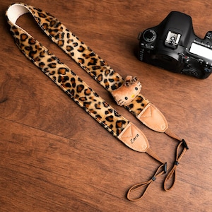 Bandoulière léopard en peluche avec breloque chat, bandoulière réglable pour reflex numérique