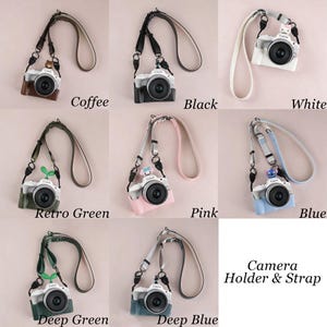 Puede incluir: Una colecci&oacute;n de fundas y correas para c&aacute;maras en varios colores: caf&eacute;, negro, blanco, verde retro, rosa, azul, verde oscuro y azul oscuro. Cada funda presenta un dise&ntilde;o de c&aacute;mara con una correa. El texto "Camera Holder & Strap" es visible.