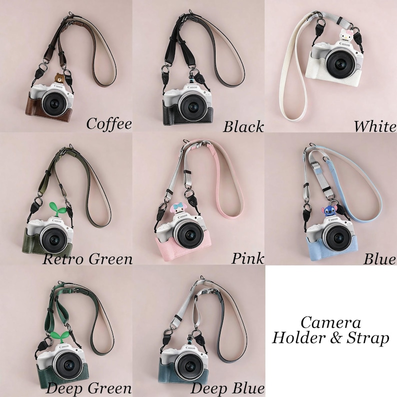 Puede incluir: Una colecci&oacute;n de fundas y correas para c&aacute;maras en varios colores: caf&eacute;, negro, blanco, verde retro, rosa, azul, verde oscuro y azul oscuro. Cada funda presenta un dise&ntilde;o de c&aacute;mara con una correa. El texto "Camera Holder & Strap" es visible.