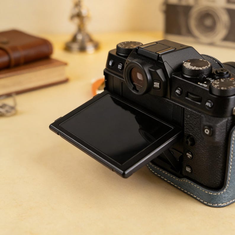 Puede incluir: Una c&aacute;mara digital negra con pantalla abatible, apoyada sobre una superficie de color claro. La c&aacute;mara tiene m&uacute;ltiples diales y botones, y una funda de cuero. Un libro encuadernado en cuero marr&oacute;n y un objeto decorativo est&aacute;n en el fondo.