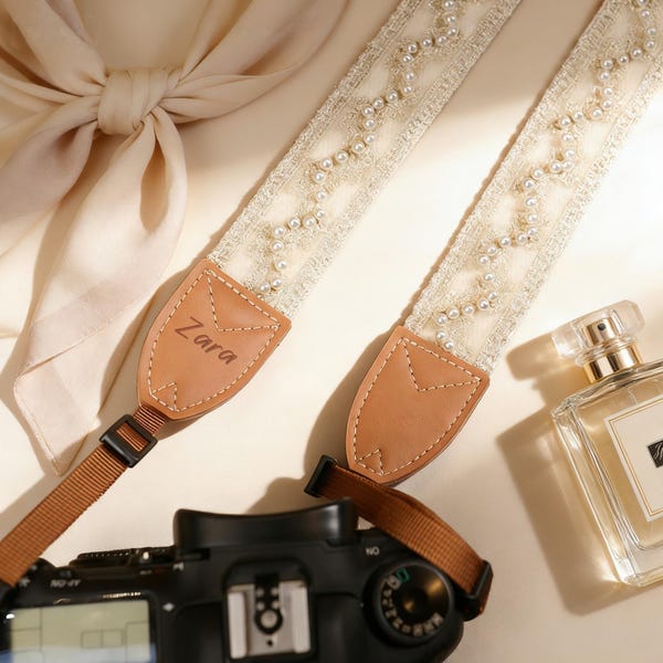 Pasek do aparatu z perłami, elegancka koronka, spersonalizowany prezent