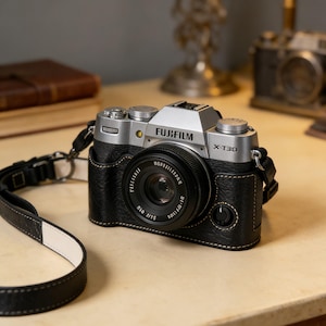 May include: A silver and black Fujifilm X-T30 camera with a black leather case and strap. The camera lens is black, and the strap is black with a white accent. The word "FUJIFILM" is printed on the camera body.