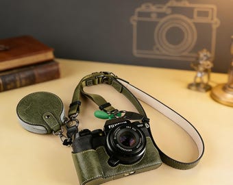 Estuche de cuero vintage para cámara Fujifilm X-S10/X-S20, media funda protectora con acceso a la batería, compartimento para tarjetas y correa para el hombro.