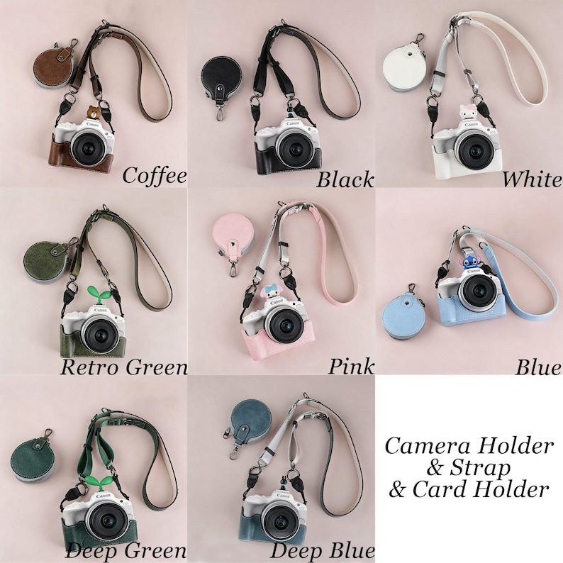 Puede incluir: Una colecci&oacute;n de fundas para c&aacute;maras en varios colores, cada una con una correa y un tarjetero a juego. Los colores incluyen caf&eacute;, negro, blanco, verde retro, rosa, azul, verde oscuro y azul oscuro. Tambi&eacute;n se ve el texto "Camera Holder & Strap & Card Holder".