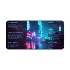May include: A black rectangular mouse mat with a neon cityscape design and white text. The text includes categories such as "FILES & DIRECTORY" and "NETWORKING". The background depicts a futuristic city with bright neon lights.