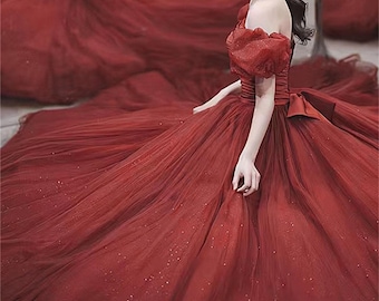 Shiny Puffy Sleeve Ball Gown, Quinceanera Prom Dress