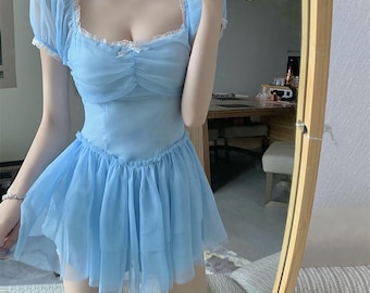 French Bow Fairy Dress, Vintage Cottagecore Corset Party Dress