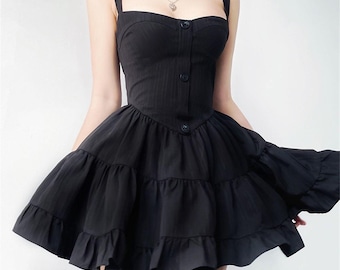Vintage Black Milkmaid Dress, Wide Strap Cottagecore Fairy Dress