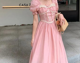 Pink Corset Dress, Square Neck Puff Sleeves, Cottagecore Fairy Dress