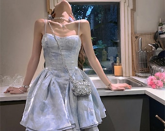 Blue Gauze Halter Dress, Puffy Princess Ball Gown