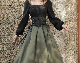 Vintage Corset Knitted Sweater Dress, Lantern Sleeves, Cottagecore French Princess Style
