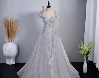 Sparkle Gray Prom Dress, Off Shoulder Fairy Princess Gown