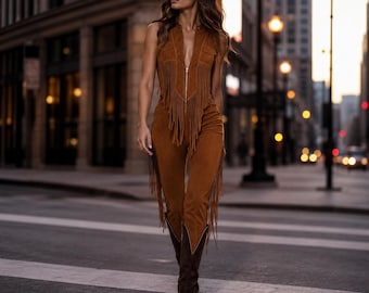 Brown Suede Look Fringe Jumpsuit, Western Cowgirl Boho Romper