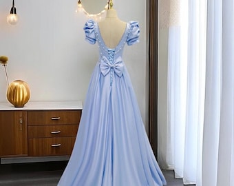 Light Blue Satin Prom Dress: Bow Knot Tube Top Ball Gown