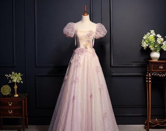 Pink Evening Gown, 3D Flowers, Beaded Puff Sleeves, Prom Dress