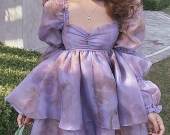 Vintage Tie-Dyed Dress, French Puff Sleeve Cottagecore Fairy Dress