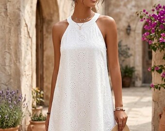 White Eyelet Lace Mini Dress | Sleeveless Halter Neck Boho Beach Vacation Outfit