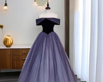 Purple Gradient Starry Sky Prom Dress, One Shoulder Evening Ball Gown