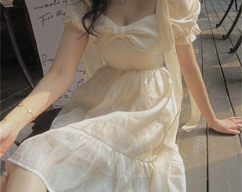 Puffed Sleeve Princess Dress, Sparkly Bow, Cottagecore Fairy Gown