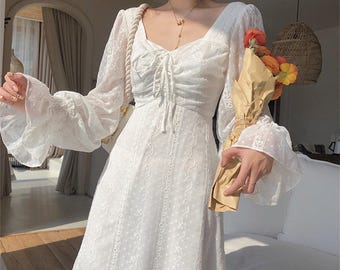 Lace Square Collar Fairy Dress, Flared Sleeve Vintage Princess Gown