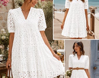 White Eyelet Tiered Dress, Cotton Puff Sleeve V-Neck Boho Sundress, Scalloped Hem Resort Wear