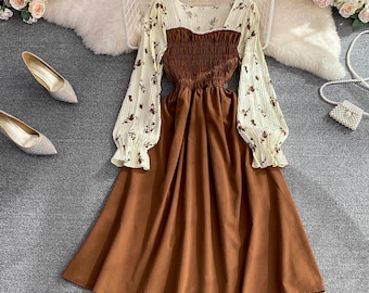 Floral Cottagecore Dress, Long Sleeve Corset Fairy Milkmaid Gown