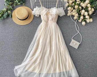 Ruffle Tulle Cottagecore Dress, French Fairy Milkmaid Style