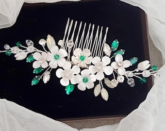 White Flower Bridal Hair Comb, Green Crystal  and Emerald Wedding Hair Piece