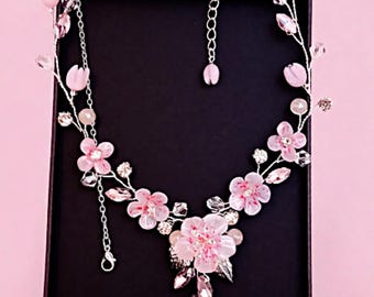 Bridal Cherry Blossom Necklace, Pink Sakura Wedding Jewelry, Blush Pink Flower Necklace