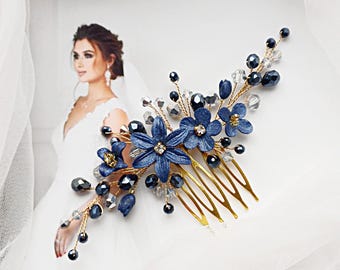 Navy Blauer Blumen Haarkamm, Dunkelblaue Hochzeit Accessoires, Gold oder Silber Braut Haarschmuck