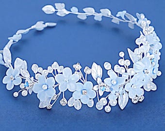 Dusty Blue Flowers Bridal Head Piece,  Light Blue Floral Wedding Hair Accessory