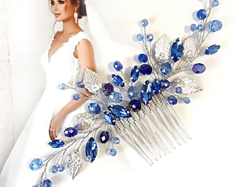 Navy Blue Crystal Bridal Hair Comb, Sapphire Blue Rhinestone Wedding Hairpiece with Leaves