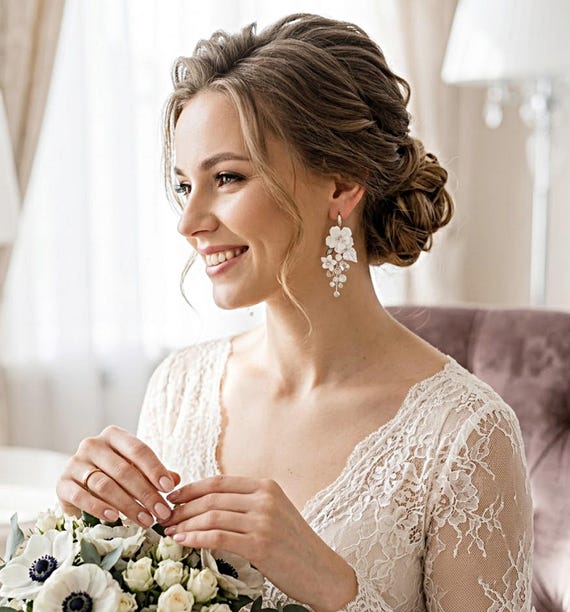 white dress with rose gold accessories Flower Bridal Earrings, Floral Wedding Jewelry, Prom Accessory 7493