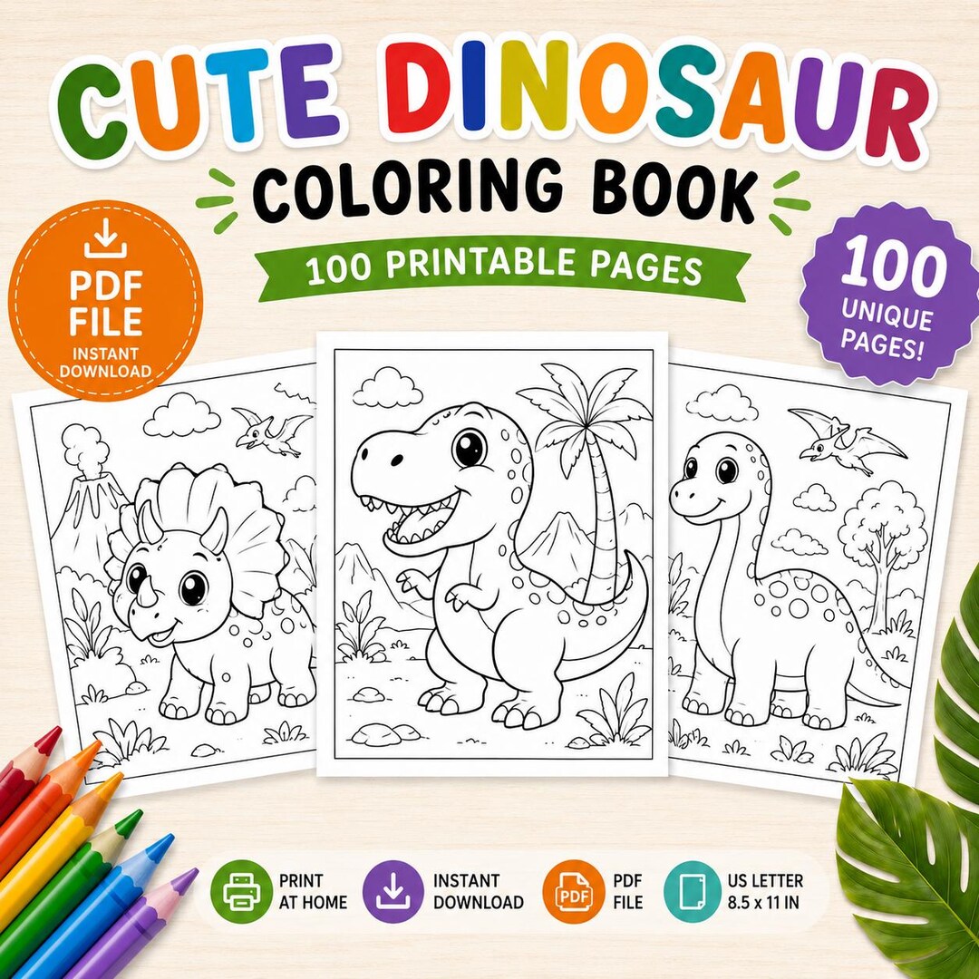Cute Dinosaur Coloring Book for Kids | 100 Printable Dinosaur Coloring ...