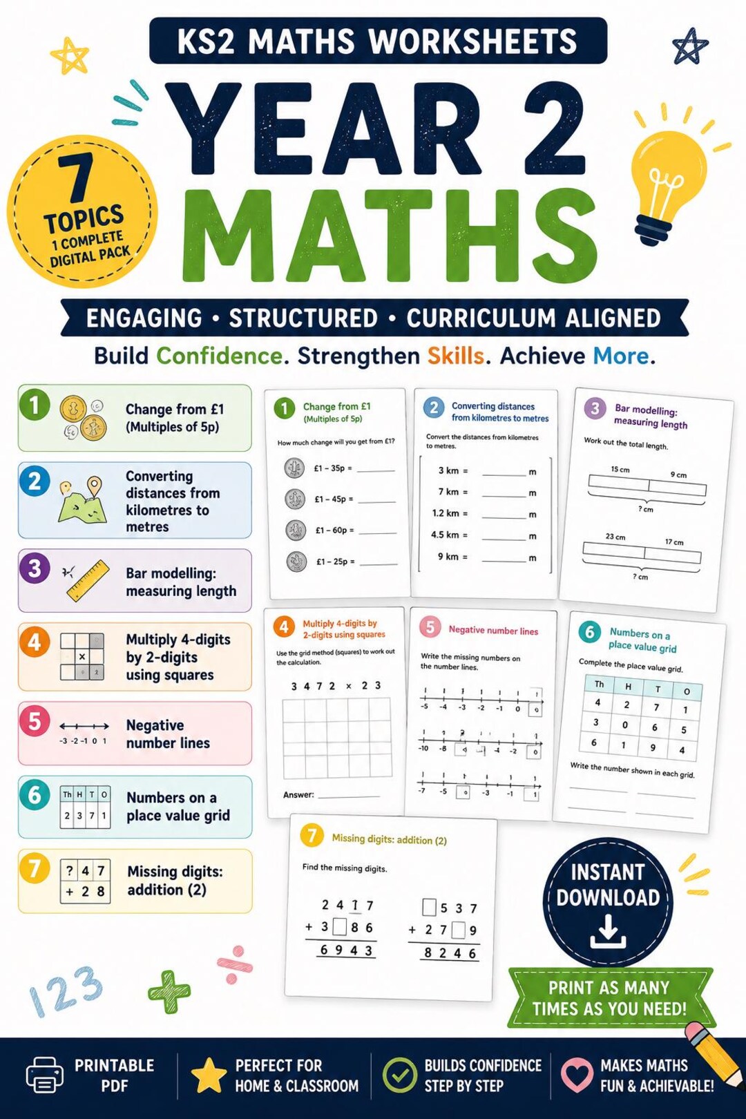 KS2 Year 2 Maths Worksheets Bundle | Place Value, Money, Measurement